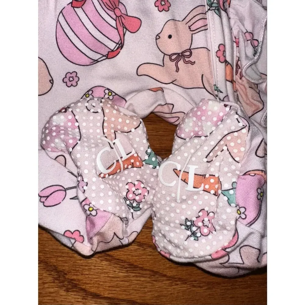 Caden Lane Hoppy Spring Easter Bunny Carrot Egg Ruffle Bamboo Zipper Footie 0-3M